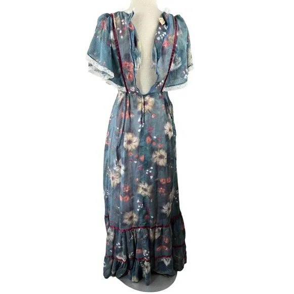 Vintage Candi Jones California Floral Prairie Maxi Dress Cottagecore Blue XS - Picture 5 of 10
